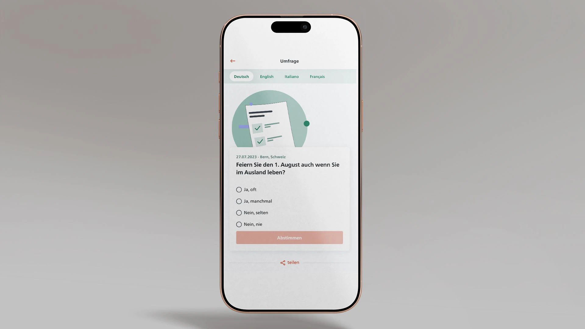 Das Bild zeigt ein Smartphone, auf dem die Umfrage-Funktion  der SwissInTouch App angezeigt ist.